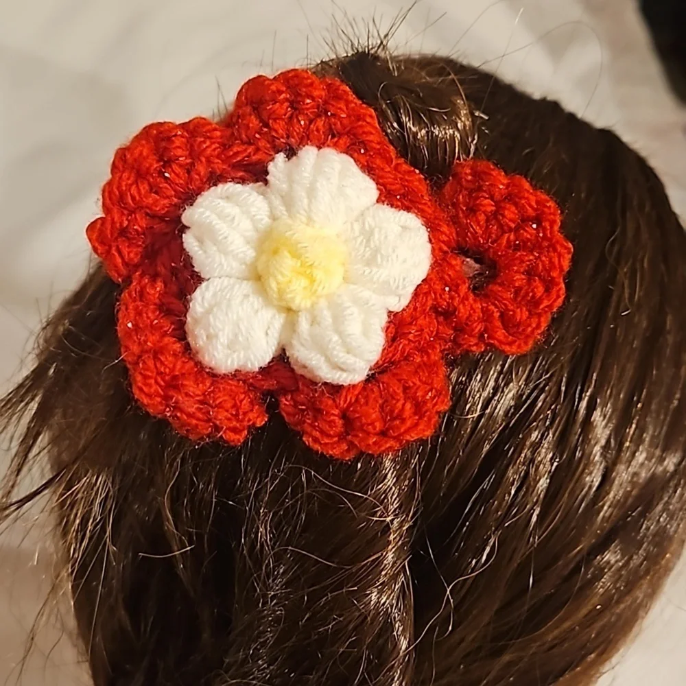 Hand Crafted Hand Knit Crochet Red White yellow puffy flower TikTok fashion bow